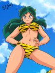  1980s_(style) 1girl animal_print arm_behind_back ass_visible_through_thighs bikini blue_eyes boots breasts cloud cloudy_sky cowboy_shot eyeshadow from_below green_hair groin hand_on_hip highres horns large_breasts long_hair looking_at_viewer looking_down lum makeup moechiki navel oni oni_horns retro_artstyle sidelocks sky smile solo strapless strapless_bikini swimsuit tiger_print tiger_stripes urusei_yatsura 