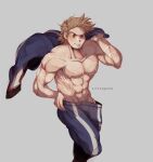  1boy abs addy_(@vegeebs) blonde_hair blue_eyes blue_pants boku_no_hero_academia cropped_legs highres jacket jacket_removed looking_at_viewer male_focus muscular muscular_male navel nipples pants pectorals scar_on_arm shirtless short_hair solo spiked_hair thighs togata_mirio track_jacket track_pants 