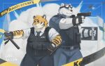  2021 absurd_res anthro black_nose bottomwear cai1448331577 clothing detailed_background duo felid fur hi_res humanoid_hands kemono male mammal necktie overweight overweight_male pantherine pants polar_bear police police_baton police_uniform shirt tiger topwear uniform ursid ursine weapon white_body white_fur 