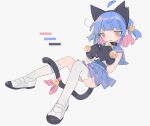  1girl ahoge animal_ears asymmetrical_legwear bangs bell bell_choker between_legs black_choker black_gloves black_hairband blouse blue_hair blue_sailor_collar blue_skirt blunt_bangs cat_ears cat_tail choker color_guide colored_inner_hair daizu_(melon-lemon) fake_animal_ears floating_hair from_side full_body gloves grey_background hair_ornament hairband hands_together hands_up highres jingle_bell kneehighs knees_up light_brown_eyes looking_at_viewer looking_to_the_side miniskirt multicolored_hair no_nose original own_hands_together parted_lips paw_gloves paws pink_hair pink_ribbon pleated_skirt ribbon sailor_collar school_uniform serafuku shoes short_hair simple_background single_kneehigh single_thighhigh skirt solo star_(symbol) star_hair_ornament sweat swimsuit swimsuit_under_clothes tail tail_bell tail_between_legs tail_ornament tail_ribbon thighhighs two-tone_hair two_side_up uwabaki white_blouse white_footwear white_legwear 