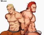  2boys abs back-to-back bara beard blonde_hair blush bound bound_wrists boxers bulge character_request chest_hair commission crossover facial_hair fundoshi highres iskandar_(fate) japanese_clothes leg_hair male_focus male_underwear megalo_box multiple_boys muscular muscular_male navel nipples orange_male_underwear original pectorals pout powerlesssong short_hair sidepec sweatdrop thick_eyebrows thick_thighs thighs tied_hair underwear underwear_only upper_body white_male_underwear yaoi 