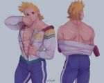  1boy abs addy_(@vegeebs) ass bare_back bare_pecs blonde_hair blue_eyes boku_no_hero_academia bulge cheek_bulge cowboy_shot from_behind highres jacket male_focus multiple_views muscular muscular_male open_clothes open_jacket pants pectorals scar scar_on_arm scar_on_back scar_on_chest short_hair spiked_hair stomach thick_thighs thighs tight tight_pants togata_mirio wiping_face zipper 