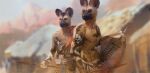  2021 african_wild_dog anthro black_nose canid canine clothed clothing day detailed_background digital_media_(artwork) fingers fur male mammal nomax outside sky standing tan_body tan_fur 
