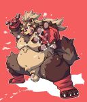  2021 anthro balls belly bodily_fluids brown_body brown_fur canid canine cum cum_on_ground cum_on_hand fur genital_fluids genitals goemon_(tas) humanoid_hands kemono male mammal moobs nipples overweight overweight_anthro overweight_male penis raccoon_dog red_background simple_background small_penis solo takagi_kyou tanuki tokyo_afterschool_summoners video_games 