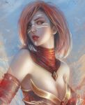  1girl bangs bare_shoulders breasts cleavage dota_(series) dota_2 dress facepaint highres jewelry lina_inverse_(dota_2) lips lipstick long_hair makeup necklace open_mouth orange_eyes orange_hair red_dress red_neckwear red_sleeves sleeveless sleeveless_dress teeth traditional_media zed_(trungbui42) 