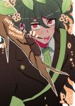  1boy alternate_costume bangs border bow bug buttons collared_shirt danganronpa_(series) danganronpa_v3:_killing_harmony dated formal glasses gokuhara_gonta green_bow green_hair green_neckwear hair_between_eyes happy_birthday hercules_beetle jacket leaf long_hair looking_at_viewer male_focus nabu_(d4ng4nn6bu12) necktie open_mouth red_eyes school_uniform shirt smile solo upper_body white_border white_shirt 