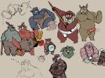  2019 absurd_res anthro balls belly bottomwear brown_body butt clothing erection genitals group hairy hat headgear headwear hi_res kissing loincloth male male/male mammal overweight overweight_male pants penis pink_body pure_command red_body suid suina sus_(pig) wild_boar 