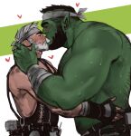  2boys arm_hair bara bare_shoulders beard chest_hair colored_skin couple facial_hair fangs fingerless_gloves from_side gloves green_skin hairy hand_on_another&#039;s_head headband highres interspecies jang_ju_hyeon kiss male_focus monster_boy multiple_boys muscular muscular_male navel_hair old old_man orc original pectorals pointy_ears reward_available shirtless short_hair size_difference sweat textless upper_body white_hair yaoi 