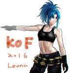  1girl bare_shoulders belt black_gloves black_pants blue_eyes blue_hair breasts duplicate earrings gas_can gloves highres jewelry k.c leona_heidern midriff muscular muscular_female pants ponytail simple_background soldier solo tank_top the_king_of_fighters the_king_of_fighters_xiii triangle_earrings 