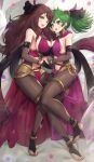  2girls absurdres asymmetrical_docking bangs bare_shoulders blush breast_press breasts brown_hair cleavage commentary_request dancer dorothea_arnault earrings fire_emblem fire_emblem:_genealogy_of_the_holy_war fire_emblem:_three_houses fire_emblem_heroes full_body gonzarez green_eyes green_hair hair_ornament hand_on_another&#039;s_hip highres holding_hands interlocked_fingers jewelry large_breasts lene_(fire_emblem) loincloth long_hair looking_at_viewer lying multiple_girls nail_polish navel on_side open_mouth open_toe_shoes pelvic_curtain petals ponytail revealing_clothes shiny shiny_clothes shiny_hair shiny_skin sideboob simple_background skin_tight smile stomach tied_hair toes white_background 