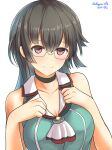  1girl absurdres bare_shoulders black_choker black_hair blue_shirt blush breasts choker choukai_(kantai_collection) cleavage collarbone commentary_request dangan_kurabu dated glasses highres kantai_collection large_breasts long_hair looking_at_viewer purple_eyes remodel_(kantai_collection) semi-rimless_eyewear shirt simple_background sleeveless sleeveless_shirt smile solo twitter_username under-rim_eyewear upper_body white_background 