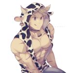  1boy :q abs addy_(@vegeebs) alternate_costume animal_costume animal_ears bare_pecs bell bell_collar blonde_hair blue_eyes boku_no_hero_academia chinese_zodiac collar collarbone cow_boy cow_costume cow_ears cow_horns denim fake_animal_ears fake_horns foreshortening happy_birthday highres horns jeans looking_at_viewer male_focus muscular muscular_male navel nipples pants pectorals scar_on_arm short_hair smile solo spiked_hair stomach togata_mirio tongue tongue_out upper_body year_of_the_ox 