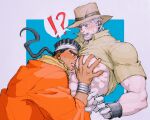  !? 2boys assisted_exposure bare_pecs beard beige_jacket between_pecs black_eyes black_hair blue_eyes blush dark_skin dark_skinned_male facial_hair grabbing grey_hair hat head_between_pecs highres jacket jojo_no_kimyou_na_bouken joseph_joestar lifted_by_another long_hair male_focus mohammed_avdol multiple_boys muscular muscular_male old old_man open_clothes open_jacket pectoral_grab pectorals ponytail shirt_lift short_hair stomach sweatdrop upper_body wahoma_(takuwahu) yaoi 