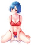  1girl bangs bare_legs barefoot blue_hair blush bow bow_bra bow_panties bra breasts cleavage collarbone crotch expressionless eyebrows_visible_through_hair flower highres lingerie looking_at_viewer medium_breasts navel original panties red_bow red_bra red_eyes red_panties shiny shiny_hair shiny_skin short_hair simple_background sitting solo spread_legs thighs underwear underwear_only wariza white_background yuckey 