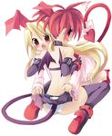  black_legwear blonde_hair bow demon_girl disgaea elbow_gloves etna flonne flonne_(fallen_angel) gloves long_hair makai_senki_disgaea multiple_girls panties red_eyes red_hair ribbon sazaki_ichiri skirt skirt_lift tail tail_bow thighhighs twintails underwear white_panties wings 