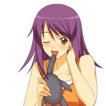  a1 adjusting_hair bare_shoulders blush dildo kaleido_star licking naegino_sora one_eye_closed open_mouth orange_shirt purple_hair shirt solo turtle yellow_eyes 