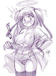  artist_request bokusatsu_tenshi_dokuro-chan bouncing_breasts breasts large_breasts long_sleeves mitsukai_dokuro monochrome nipples open_clothes open_shirt panties shirt solo striped striped_panties thighhighs underwear 