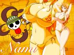  1girl ass barefoot bikini breasts brown_eyes cleavage curvy feet hip_focus huge_breasts large_breasts long_hair nami_(one_piece) navel one_piece orange_hair smile stomach swimsuit thick_thighs thighs wide_hips 