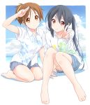 2girls animal_print beach black_hair blue_skirt breasts brown_eyes brown_hair casual closed_mouth cloud collarbone day dresstrip eyebrows_visible_through_hair fish_print hair_between_eyes hand_up hirasawa_yui k-on! knees_together_feet_apart knees_up leaf_print long_hair looking_at_viewer multiple_girls nakano_azusa ocean outdoors outstretched_arm ponytail salute seiza shirt shore short_hair short_sleeves sitting skirt sky smile twintails two-finger_salute v water white_shirt 