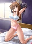  armpits bed blue_eyes blush breasts brown_hair cleavage dead_or_alive erect_nipples hanzow hitomi hitomi_(doa) kagehara_hanzou kagehara_hanzow kneeling large_breasts navel panties pillow pink_panties pose posing sports_bra tecmo underwear undressing window 