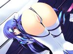  ass bent_over blue_hair blush censored highres iizuki_tasuku kos-mos kos-mos_ver._3 long_hair mosaic_censoring panties panties_aside pussy red_eyes solo thighhighs thong top-down_bottom-up underwear white_legwear white_panties xenosaga 