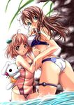  ass back bikini braid brown_hair bunnie bunny glasses hair_bobbles hair_ornament long_hair looking_back m.o.m.o. multiple_girls nagayori petite shion_uzuki stuffed_animal stuffed_bunny stuffed_toy swimsuit xenosaga yellow_eyes 