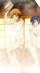  2girls angry blue_hair blush breasts brown_eyes brown_hair bucket covering covering_breasts embarrassed grey_eyes highres holding holding_bucket leg_up looking_at_viewer medium_breasts megami_tensei multiple_girls navel nude onsen persona persona_4 persona_4_the_golden satonaka_chie shin_megami_tensei shirogane_naoto wet wet_hair wooden_bucket 