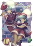  ! 1boy 1girl bag blue_hair boots bow breasts byleth_(fire_emblem) byleth_(fire_emblem)_(female) byleth_(fire_emblem)_(male) christmas commentary_request eyebrows_visible_through_hair feet_out_of_frame fire_emblem fire_emblem:_three_houses gift gloves hair_between_eyes hat holding holding_bag kasu_(96ks_3h) looking_at_viewer medium_breasts medium_hair merry_christmas pantyhose ribbon santa_boots santa_costume santa_dress santa_gloves santa_hat stuffed_animal stuffed_toy teddy_bear 