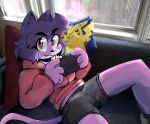  2021 4_fingers absurd_res anaugi anthro bottomwear clothed clothing controller cute_fangs day domestic_cat edit felid feline felis female fingers fur furniture game_controller hair hi_res hoodie inside looking_at_viewer lounging lying mammal nintendo nintendo_switch on_back penny_(anaugi) photo_manipulation pikachu pillow pink_body pink_fur pok&eacute;mon pok&eacute;mon_(species) purple_hair red_eyes rodent short_hair shorts sitting sofa solo topwear video_games window 