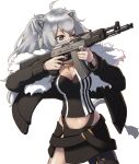  1girl adidas ahoge aiming ak-105 animal_ears artist_name assault_rifle breasts building commentary crane_(machine) crossover english_commentary escape_from_tarkov fur-trimmed_jacket fur_trim gun highres holding holding_gun holding_weapon hololive jacket jewelry large_breasts lion_ears lion_girl lion_tail long_hair magazine_(weapon) navel necklace one_eye_closed parody rifle shirt shishiro_botan silver_eyes silver_hair skyscraper solo ssgt-lulz tail virtual_youtuber weapon white_background 
