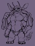  2021 4_arms alien antennae_(anatomy) anthro anthrofied apfelskai bulge claws clothing disney experiment_(lilo_and_stitch) fur grin hand_on_hip hi_res lilo_and_stitch male multi_arm multi_limb multi_pec muscular muscular_anthro muscular_male notched_ear pecs purple_and_black purple_background simple_background sketch smile solo speedo standing stitch_(lilo_and_stitch) swimwear towel 