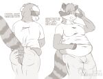  2021 anthro belly big_belly butt clothed_male clothing clothing_too_small dialogue english_text eye_through_hair hair hair_over_eye hi_res hyper hyper_belly male mammal moblie monochrome moobs one_eye_obstructed overweight overweight_anthro overweight_male procyonid raccoon solo solo_focus tearing_clothing text thick_thighs torn_clothing translucent translucent_hair wardrobe_malfunction weight_gain 