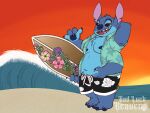  2021 3_toes 4:3 4_arms 4_fingers alien aloha_shirt anthro anthrofied areola arm_tuft badluckbeaver beach biped blue_areola blue_claws blue_eyes blue_nose blue_pawpads chest_tuft claws clothed clothing digital_drawing_(artwork) digital_media_(artwork) disney elbow_tufts experiment_(lilo_and_stitch) feet fingers flower gesture hand_behind_head hand_on_stomach head_tuft hibiscus holding_object lilo_and_stitch looking_at_viewer male multi_arm multi_limb navel notched_ear open_clothing open_shirt open_topwear outside overweight overweight_anthro overweight_male pattern_clothing pattern_shirt pattern_topwear pawpads plant sea seaside shaka shirt solo standing stitch_(lilo_and_stitch) sunset surfboard swimming_trunks swimwear toe_claws toes topwear tuft vehicle water watercraft watermark wave 