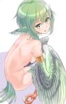  1girl absurdres animal_ears armlet bird_ears breasts commentary_request feathered_wings feathers green_eyelashes green_eyes green_feathers green_hair harpy highres kawasumi_(tk2k_jade) looking_to_the_side monster_girl nude open_mouth original sideboob solo tail tail_feathers talons winged_arms wings 