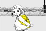  1girl :d arms_at_sides backpack bag bangs blunt_bangs commentary_request disconnected_mouth dot_nose grass grey_background greyscale happy jacket katsuwo_(cr66g) kise_sacchan long_sleeves looking_to_the_side mitsuboshi_colors monochrome open_mouth outdoors plant pleated_skirt randoseru road shirt short_hair skirt smile solo spot_color street upper_body 