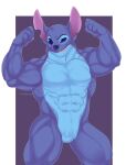  2021 4_fingers abs absurd_res alien anthro anthrofied biceps big_muscles biped blue_body blue_eyes blue_fur blue_nose digital_media_(artwork) disney experiment_(lilo_and_stitch) eyebrows featureless_crotch fingers flexing fur heyimteedo hi_res lilo_and_stitch male muscular muscular_anthro muscular_male notched_ear nude outline pecs portrait raised_eyebrow simple_background solo standing stitch_(lilo_and_stitch) thick_thighs three-quarter_portrait watermark 