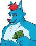  blue_body blue_fur canid canine fur gato_matero hair male mammal money red_hair simple_background smile solo suspiciously_wealthy_furry white_background 
