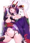  1girl belly black_hair blush demon_girl fangs fate/grand_order fate_(series) flat_chest highres horns japanese_clothes kimono liremi long_sleeves open_mouth purple_eyes short_hair shuten_douji_(fate/grand_order) simple_background spread_legs white_background 