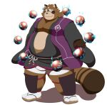  2021 anthro aosano_tenpura bottomwear brown_body brown_fur bulge canid canine clothed clothing footwear fur hi_res humanoid_hands kemono magic male mammal overweight overweight_anthro overweight_male raccoon_dog sandals shorts simple_background solo tanuki white_background 
