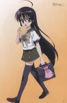  absurdres bag black_hair bread eating food gradient gradient_background green_skirt highres holding holding_bag loafers looking_at_viewer megami_magazine melon_bread official_art orange_background page_number scan screening shakugan_no_shana shana shoes skirt thighhighs walking zettai_ryouiki 