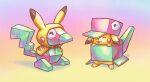  ^_^ box cardboard_box closed_eyes cortoony cosplay gen_1_pokemon gradient gradient_background hood no_humans pikachu pikachu_(cosplay) pikachu_costume pokemon porygon porygon_(cosplay) smile standing tongue tongue_out 