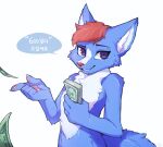  blue_body blue_fur canid canine claws fox fur hair iz korean_text male mammal money nude pawpads pink_pawpads purple_eyes red_hair simple_background smile solo suspiciously_wealthy_furry text white_background white_body white_fur 