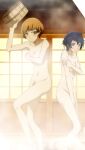  2girls angry blue_hair blush breasts brown_eyes brown_hair bucket covering covering_breasts embarrassed embarrassed_nude_female grey_eyes highres holding holding_bucket leg_up looking_at_viewer medium_breasts megami_tensei multiple_girls navel nude onsen persona persona_4 persona_4_the_golden satonaka_chie shin_megami_tensei shirogane_naoto wet wet_hair wooden_bucket 
