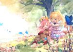  blonde_hair blue_eyes butterfly dress elbow_gloves final_fantasy final_fantasy_xiv flowers fy_fei_xiao_ya gloves hat pink_eyes pink_hair pointed_ears tree 