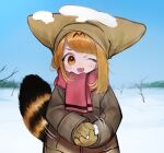  1girl ;d absurdres alternate_costume bare_tree blonde_hair blue_sky blush coat day fang gloves grey_coat hat highres huge_filesize kemono_friends long_sleeves looking_at_viewer motion_lines notora one_eye_closed open_mouth outdoors pillow_hat pink_scarf scarf serval_(kemono_friends) serval_tail sky smile snow snow_on_head snowball solo striped_tail tail tree winter winter_clothes winter_coat yellow_eyes yellow_gloves 