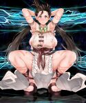  1girl absurdres areola_slip areolae armlet armpit_hair armpits arms_behind_head arms_up bangs bare_legs bare_shoulders bead_necklace beads blush body_markings bow breasts brown_eyes brown_hair covered_nipples dress facial_mark fate/grand_order fate_(series) feathers feet female_pubic_hair forehead forehead_mark full_body highres himiko_(fate) jewelry large_breasts legs long_hair looking_at_viewer magatama magatama_necklace necklace no_bra no_panties nose_blush platform_footwear pubic_hair pussy_juice pussy_juice_puddle pussy_juice_trail reflection reflective_floor sandals sash see-through side_slit sideboob solo sonparesu spread_legs squatting tears thick_thighs thighs toenails toes topknot twintails white_dress 