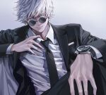  1boy absurdres black_jacket black_neckwear blue_eyes eyebrows_behind_hair formal gojou_satoru grey_background hand_on_own_chest highres hublot jacket jujutsu_kaisen koh_(minagi_kou) male_focus necktie parted_lips round_eyewear smile solo suit sunglasses watch white_hair wristwatch 