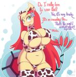  absurd_res animal_print antennae_(anatomy) anthro anthrofied big_breasts blush breast_freckles breasts cleavage clothed clothing cow_print curvy_figure deep_navel dialogue female freckles green_eyes hair hi_res huge_breasts mammal marine mila_(snackbunnii) milotic navel nintendo open_mouth pok&eacute;mon pok&eacute;mon_(species) pok&eacute;morph slightly_chubby snackbunnii solo text thick_thighs video_games voluptuous 