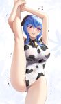  1girl absurdres animal_print armpits artist_name bangs bare_legs bell blue_hair breasts commentary cow_print cowbell flying_sweatdrops ganyu_(genshin_impact) genshin_impact goat_horns hair_between_eyes highres horns kneepits large_breasts leg_up leotard long_hair looking_at_viewer neck_bell open_mouth potetos7 print_leotard purple_eyes round_teeth simple_background solo split standing standing_on_one_leg standing_split tearing_up teeth trembling upper_teeth white_background 