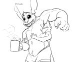  2021 alien anthro anthrofied black_and_white boxers_(clothing) canid canine clothed clothing coffee_mug disney duo experiment_(lilo_and_stitch) head_tuft hi_res lilo_and_stitch male mammal monochrome muscular notched_ear open_mouth open_smile sketch smile stitch_(lilo_and_stitch) thekinkybear tongue tongue_out tuft underwear underwear_only ych_(character) 
